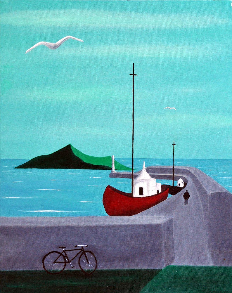 May include: A painting depicting a harbor scene with a red boat featuring a white cabin, a gray stone pier, a black bicycle in the foreground, a person walking, and a green island in the distance under a bright turquoise sky with two white birds.