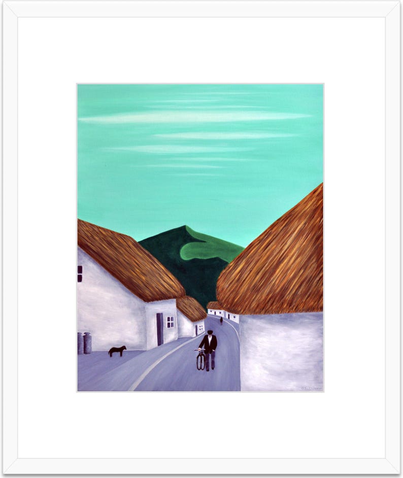 May include: An acrylic painting shows a village scene. White buildings with thatched roofs line a road, with a person on a bicycle. A black dog stands near a bin. The sky is a light turquoise colour, and a green mountain is in the background.