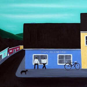 May include: An oil painting of a blue building labeled Beare Island Inn with a black roof. Two figures stand by the windows, one reading a newspaper. A black bicycle leans against the wall, and a small black dog stands on the dark street.