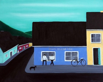 May include: An oil painting of a blue building labeled Beare Island Inn with a black roof. Two figures stand by the windows, one reading a newspaper. A black bicycle leans against the wall, and a small black dog stands on the dark street.