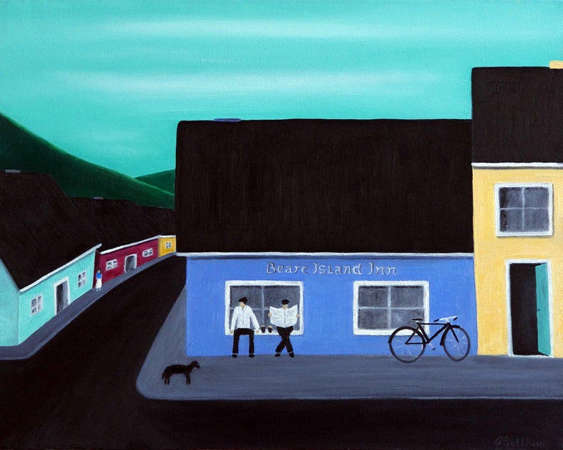 May include: An oil painting of a blue building labeled Beare Island Inn with a black roof. Two figures stand by the windows, one reading a newspaper. A black bicycle leans against the wall, and a small black dog stands on the dark street.