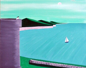 May include: A painting depicting a tall purple tower on a green cliff overlooking a bright blue sea. A small sailboat floats on the water, while a person stands on the tower. Green hills line the coast under a light teal sky with two birds.