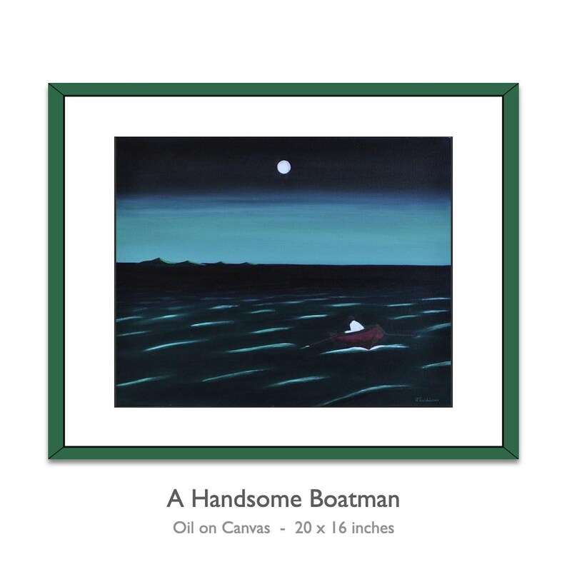 May include: An oil on canvas painting titled A Handsome Boatman, measuring 20 by 16 inches. The artwork depicts a small red boat on dark, rippling water under a night sky with a full moon, framed in a dark green border with a white mat.