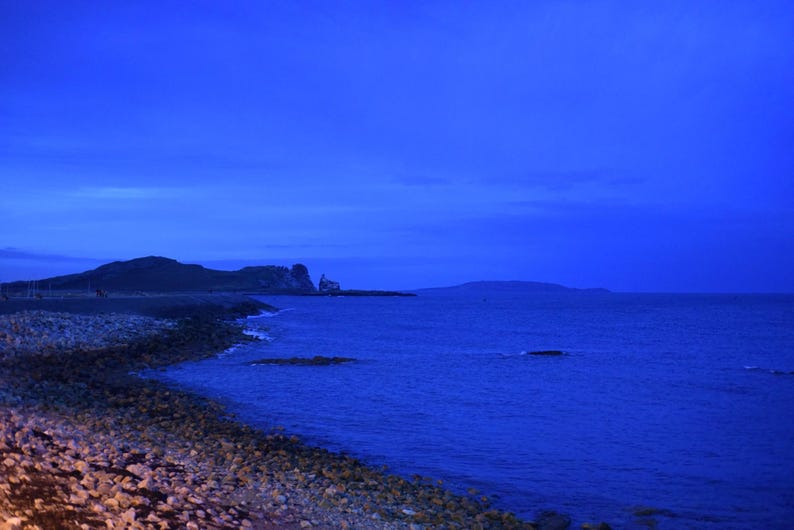 May include: A coastal landscape at twilight featuring a rocky shoreline meeting a deep blue sea under a dark sky. The horizon shows distant hills and a small structure on the headland, all bathed in a monochromatic blue light.