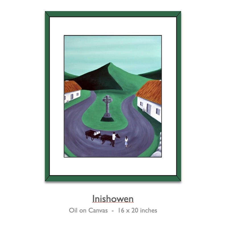 May include: A framed oil on canvas painting titled Inishowen, measuring 16 by 20 inches. The scene depicts a winding road between two white cottages with orange roofs, a central stone Celtic cross, and a horse-drawn cart with a person.