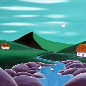 May include: A painting depicting a landscape with green rolling hills, white houses with orange roofs, and a blue stream flowing through large purple rocks. Two figures are positioned in the water near the rocks under a pale moon.