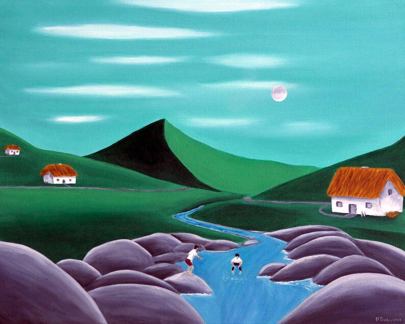May include: A painting depicting a landscape with green rolling hills, white houses with orange roofs, and a blue stream flowing through large purple rocks. Two figures are positioned in the water near the rocks under a pale moon.