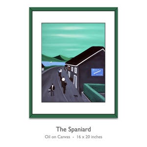 May include: A framed oil on canvas painting titled The Spaniard, measuring 16 by 20 inches. The scene depicts a dark building with a blue sign reading Sweet Afton, a road with figures, a cyclist, a small dog, and green hills under a teal sky.