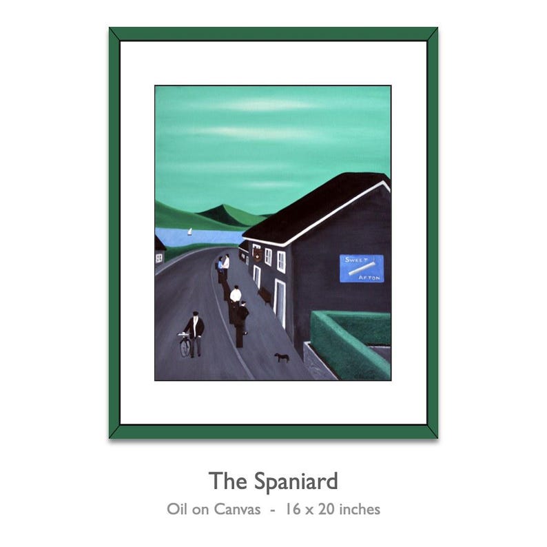 May include: A framed oil on canvas painting titled The Spaniard, measuring 16 by 20 inches. The scene depicts a dark building with a blue sign reading Sweet Afton, a road with figures, a cyclist, a small dog, and green hills under a teal sky.