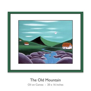 May include: A framed oil on canvas painting titled The Old Mountain, measuring 20 by 16 inches. The artwork depicts a green mountain landscape with white cottages, a blue stream, large purple rocks, and two figures, all under a pale sky.