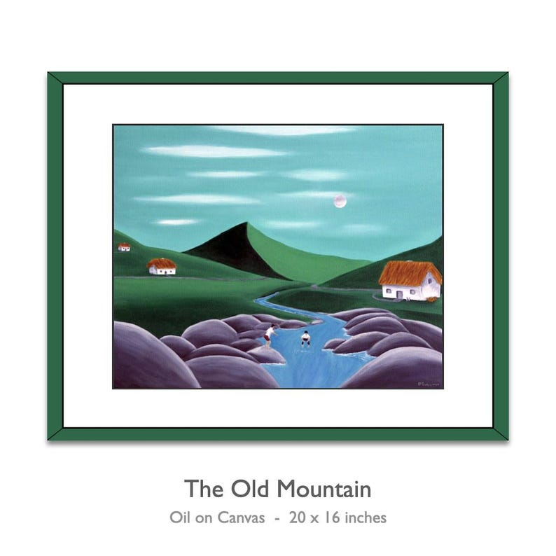 May include: A framed oil on canvas painting titled The Old Mountain, measuring 20 by 16 inches. The artwork depicts a green mountain landscape with white cottages, a blue stream, large purple rocks, and two figures, all under a pale sky.