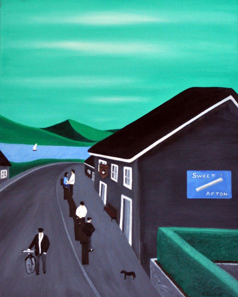 May include: A painting depicting a dark building with a blue sign reading SWEET AFTON, a road with several figures, a person with a bicycle, a small dog, a green hedge, a body of water with a sailboat, and green hills under a teal sky.