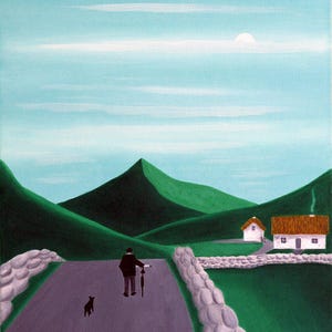 Pode incluir: Uma pintura que retrata uma pessoa a caminhar com uma bicicleta numa estrada roxa com um pequeno c&atilde;o preto. A cena apresenta colinas verdes, duas casas brancas com telhados de colmo e um c&eacute;u azul claro com um sol p&aacute;lido.