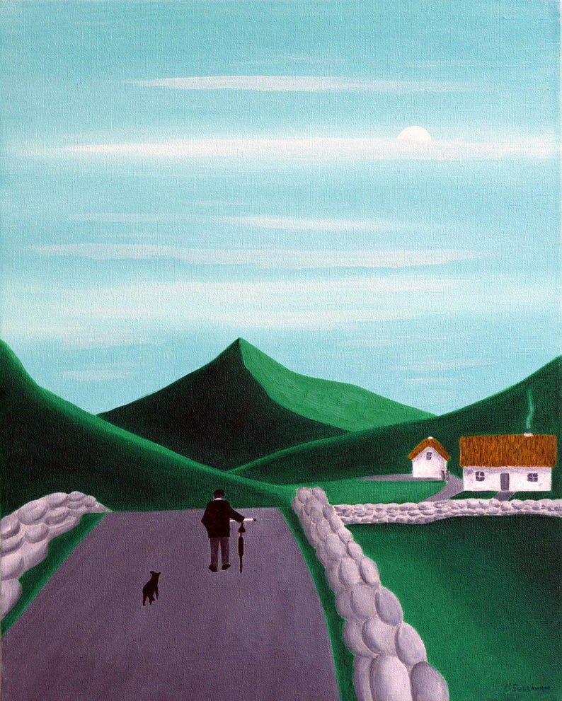 Pode incluir: Uma pintura que retrata uma pessoa a caminhar com uma bicicleta numa estrada roxa com um pequeno c&atilde;o preto. A cena apresenta colinas verdes, duas casas brancas com telhados de colmo e um c&eacute;u azul claro com um sol p&aacute;lido.