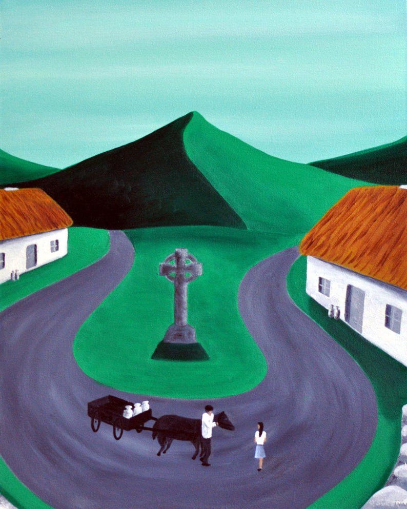 May include: A painting depicting a winding gray road between two white cottages with orange thatched roofs. A horse pulls a cart with white containers, guided by a figure, while another figure stands nearby. A stone cross stands in the center.