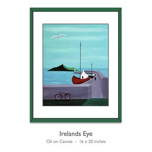 May include: A framed oil on canvas painting titled Irelands Eye, measuring 16 by 20 inches. The artwork depicts a red boat docked at a pier, a bicycle on the foreground wall, a distant green island, and a white bird against a light blue sky.