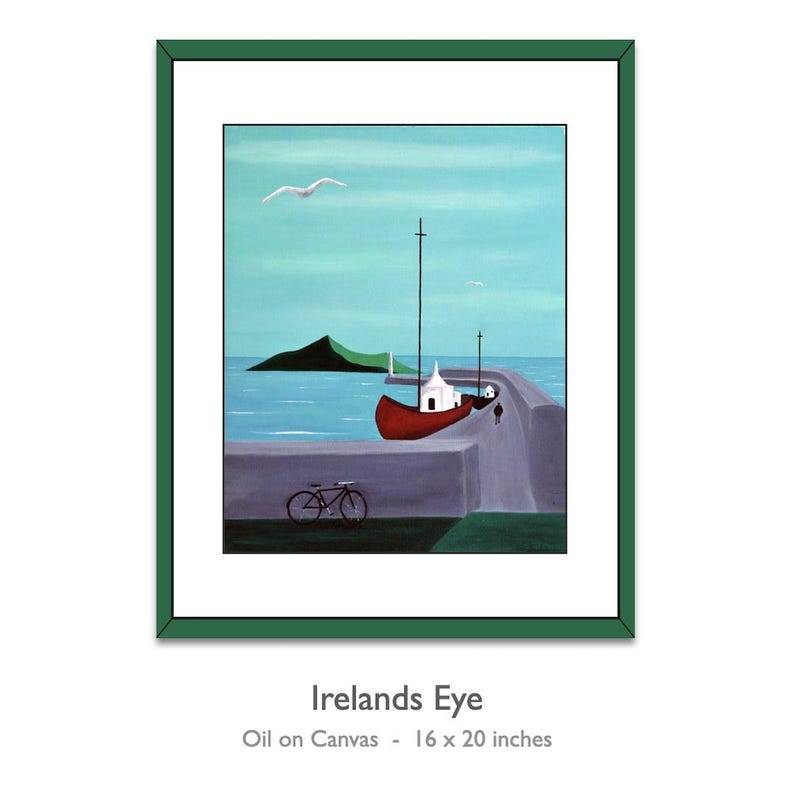 May include: A framed oil on canvas painting titled Irelands Eye, measuring 16 by 20 inches. The artwork depicts a red boat docked at a pier, a bicycle on the foreground wall, a distant green island, and a white bird against a light blue sky.