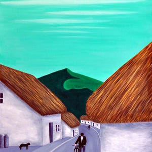 May include: Acrylic painting of a rural scene with white houses, brown thatched roofs, and a winding road. A person in a suit walks with a bicycle. A black dog stands near the road. The sky is a light turquoise colour.