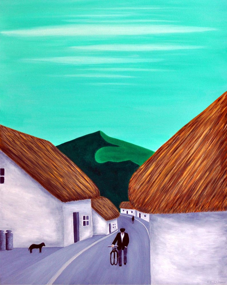 May include: Acrylic painting of a rural scene with white houses, brown thatched roofs, and a winding road. A person in a suit walks with a bicycle. A black dog stands near the road. The sky is a light turquoise colour.