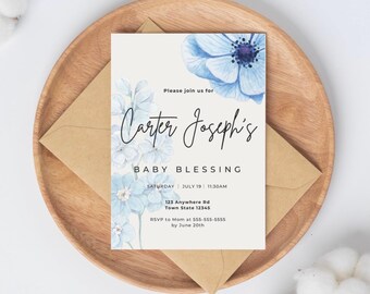 Baby Blessing Invitation, Baby Blessing Invitation for Boy, Blue Flowers Baby Blessing Invite, Photo, Canva Template, Florals, Pro
