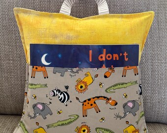 Animal Print Book Cushion Cover – I Don’t Want to Go To Bed – Handmade Reading Pillow with Pocket & Handle