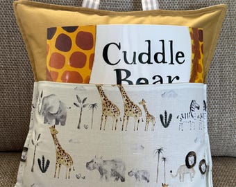 Safari Book Cushion Cover – Cuddle Bear – Handmade Reading Pillow with Pocket & Handle