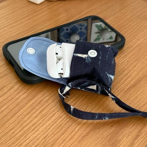 Handmade Ear Pod Holder – Navy Pattern Tech Pouch | Wristlet Clip Case | Fits Most Earbuds