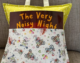 Book Cushion Cover – The Very Noisy Night – Handmade Reading Pillow with Pocket & Handle