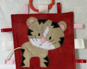 Tiger Baby Crinkle Toy with Teething Ring - Handmade Sensory Comforter