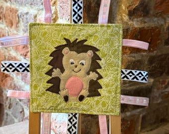 Hedgehog Baby Crinkle Toy with Ribbons and Teething Ring – Woodland Sensory Comforter