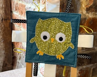 Owl Baby Crinkle Toy with Ribbons and Teething Ring – Woodland Sensory Comforter