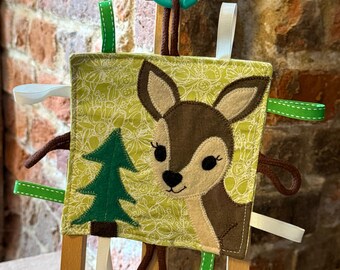 Deer Baby Crinkle Toy with Ribbons and Teething Ring – Woodland Sensory Comforter