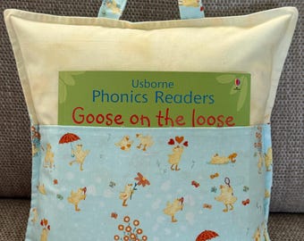 Goose on the Loose Book Cushion Cover – Handmade Reading Pillow with Pocket & Handle