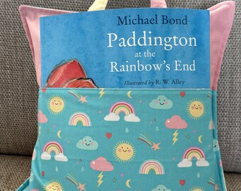 Rainbow Book Cushion Cover – Paddington – Handmade Reading Pillow with Pocket & Handle