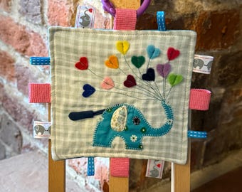 Elephant & Heart Baby Crinkle Toy with Ribbons and Teething Ring – Handmade Sensory Comforter