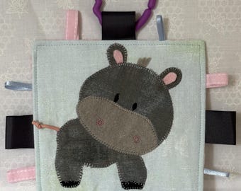 Hippo Baby Crinkle Toy with Teething Ring - Handmade Sensory Comforter
