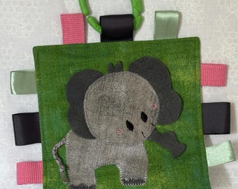 Elephant Baby Crinkle Toy with Teething Ring - Handmade Sensory Comforter