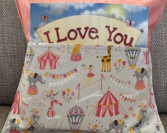 Circus Book Cushion Cover – I Love You – Handmade Reading Pillow with Pocket & Handle - Part of the "Little Big Top Collection"