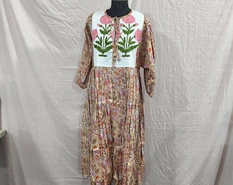 Hand Block Print Cotton Midi Dress, Embroidered Yoke, Boho Floral - Etsy
