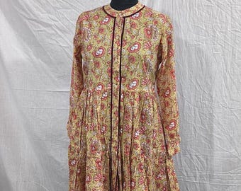 Mustard Floral Cotton Midi Dress, Handmade Indian Block Print Boho Dress