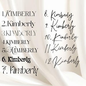 K&ouml;nnte beinhalten: Darstellung von zw&ouml;lf verschiedenen Schriftarten f&uuml;r Acrylprojekte, die jeweils den Namen "Kimberly" zeigen. Die Schriftarten variieren im Stil, von klassischen Serifen bis zu eleganten Schreibschriften, vor einem Hintergrund aus weichem, wei&szlig;em Stoff. Der Text "Fonts for Acrylic" steht oben.