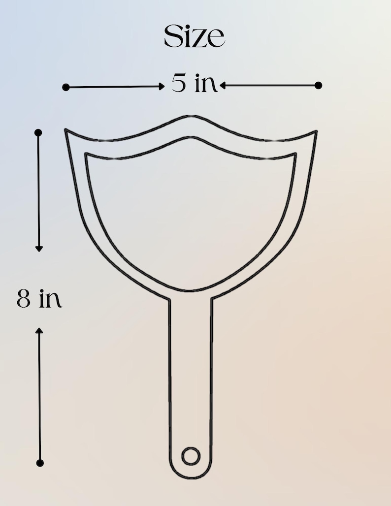 K&ouml;nnte beinhalten: Eine schwarze Umrisszeichnung eines schildf&ouml;rmigen Objekts mit Griff. Das Objekt ist 20 cm hoch und 13 cm breit. Das Wort "Size" steht &uuml;ber dem Objekt.