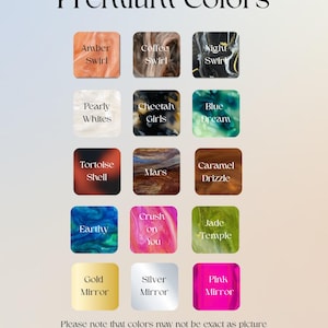 K&ouml;nnte beinhalten: Eine Farbkarte mit dem Titel "Premium Colors" zeigt 15 Acrylfarbmuster. Zu den Farben geh&ouml;ren Amber Swirl, Coffee Swirl, Night Swirl, Pearly Whites, Cheetah Girls, Blue Dream, Tortoise Shell, Mars, Caramel Drizzle, Earthy, Crush on You, Jade Temple, Gold Mirror, Silver Mirror und Pink Mirror.