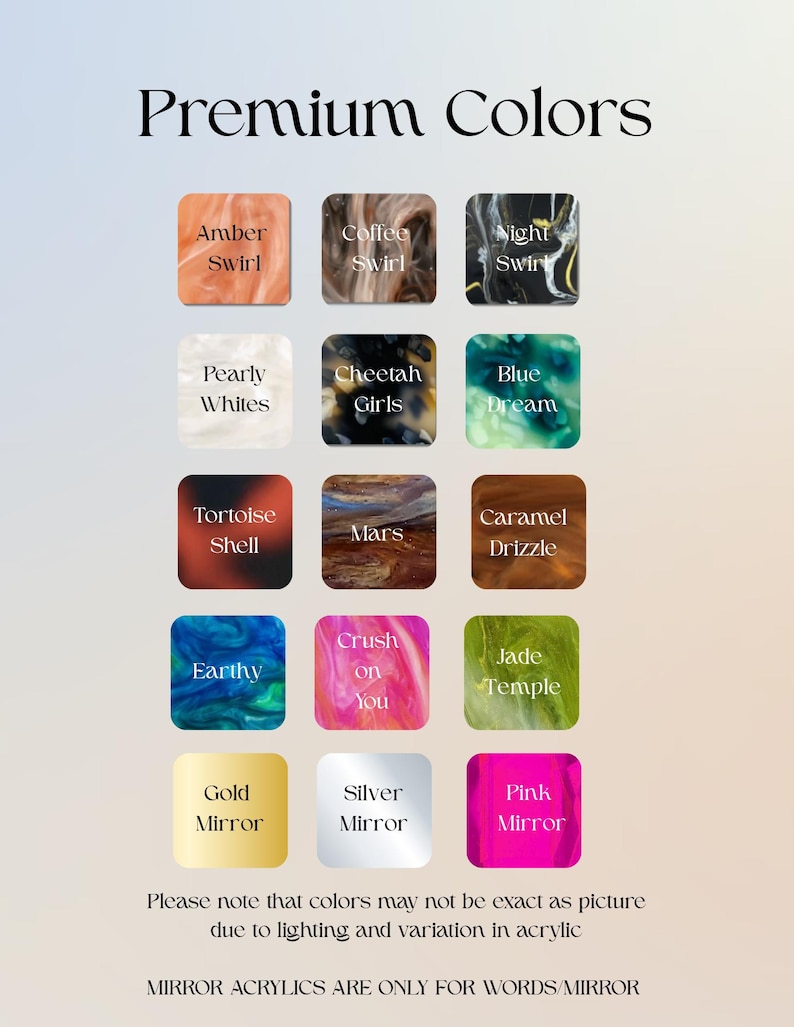 K&ouml;nnte beinhalten: Eine Farbkarte mit dem Titel "Premium Colors" zeigt 15 Acrylfarbmuster. Zu den Farben geh&ouml;ren Amber Swirl, Coffee Swirl, Night Swirl, Pearly Whites, Cheetah Girls, Blue Dream, Tortoise Shell, Mars, Caramel Drizzle, Earthy, Crush on You, Jade Temple, Gold Mirror, Silver Mirror und Pink Mirror.