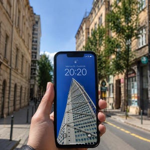 Könnte beinhalten: Ein schwarzes Smartphone mit einem Sperrbildschirm, der die Uhrzeit 20:20 und das Datum Március 20, Csütörtök anzeigt. Der Hintergrund zeigt eine Froschperspektive eines hohen, weißen, kantigen Wolkenkratzers vor einem klaren blauen Himmel.