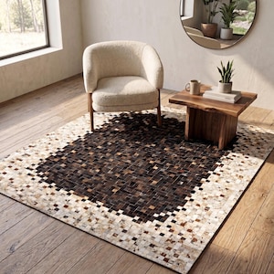 White & Charcoal Cowhide Patchwork Rug | Handmade Leather Area Rug