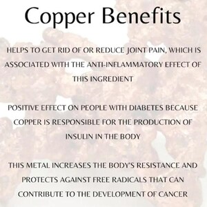 May include: An informational graphic titled Copper Benefits with black text on a light background. The text lists health claims regarding copper, including joint pain reduction, insulin production for diabetes, and protection against free radicals.