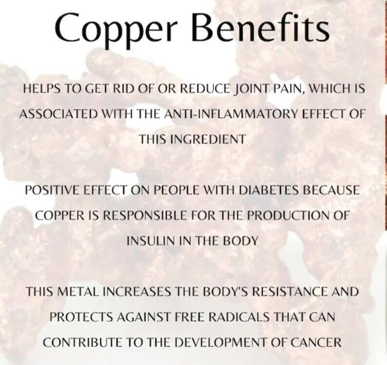 May include: An informational graphic titled Copper Benefits with black text on a light background. The text lists health claims regarding copper, including joint pain reduction, insulin production for diabetes, and protection against free radicals.