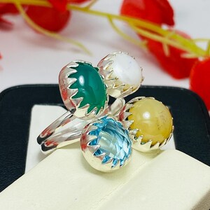 Anillo con múltiples piedras, chapado en plata de ley 925, banda ajustable con múltiples piedras, joyería estilo boho.