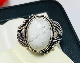 White Howlite Flower Texture Band Ring 925 Silver Plated Ring Gift For Women's
